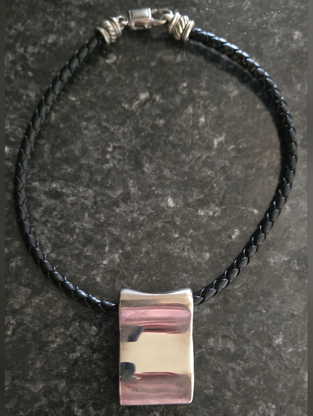 Black Braided Leather Necklace with Silver-tone Pendant